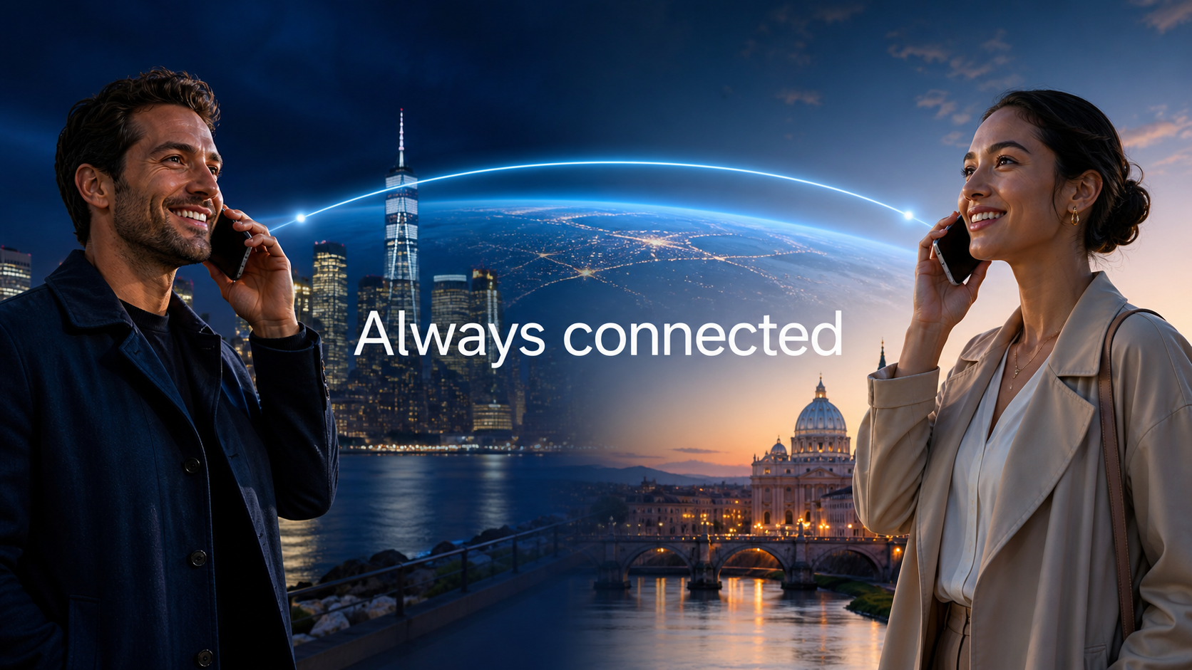 Two people at opposite sides of the world speaking by phone, joined by a luminous global connection